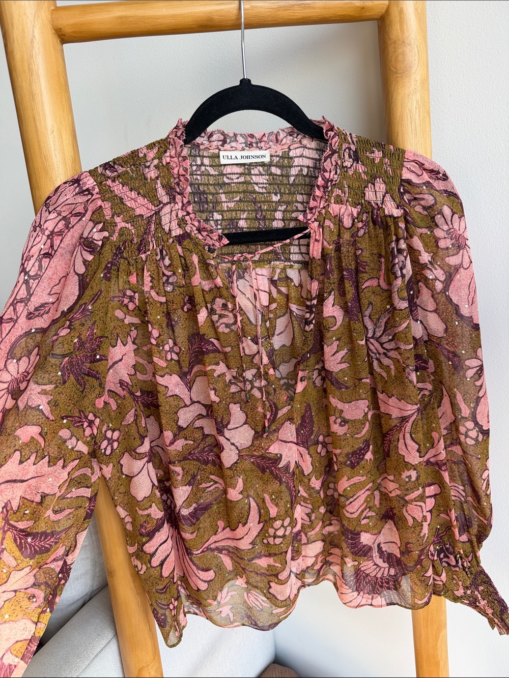 Ulla Johnson Olive & Pink Floral Smocked Ruffle Blouse